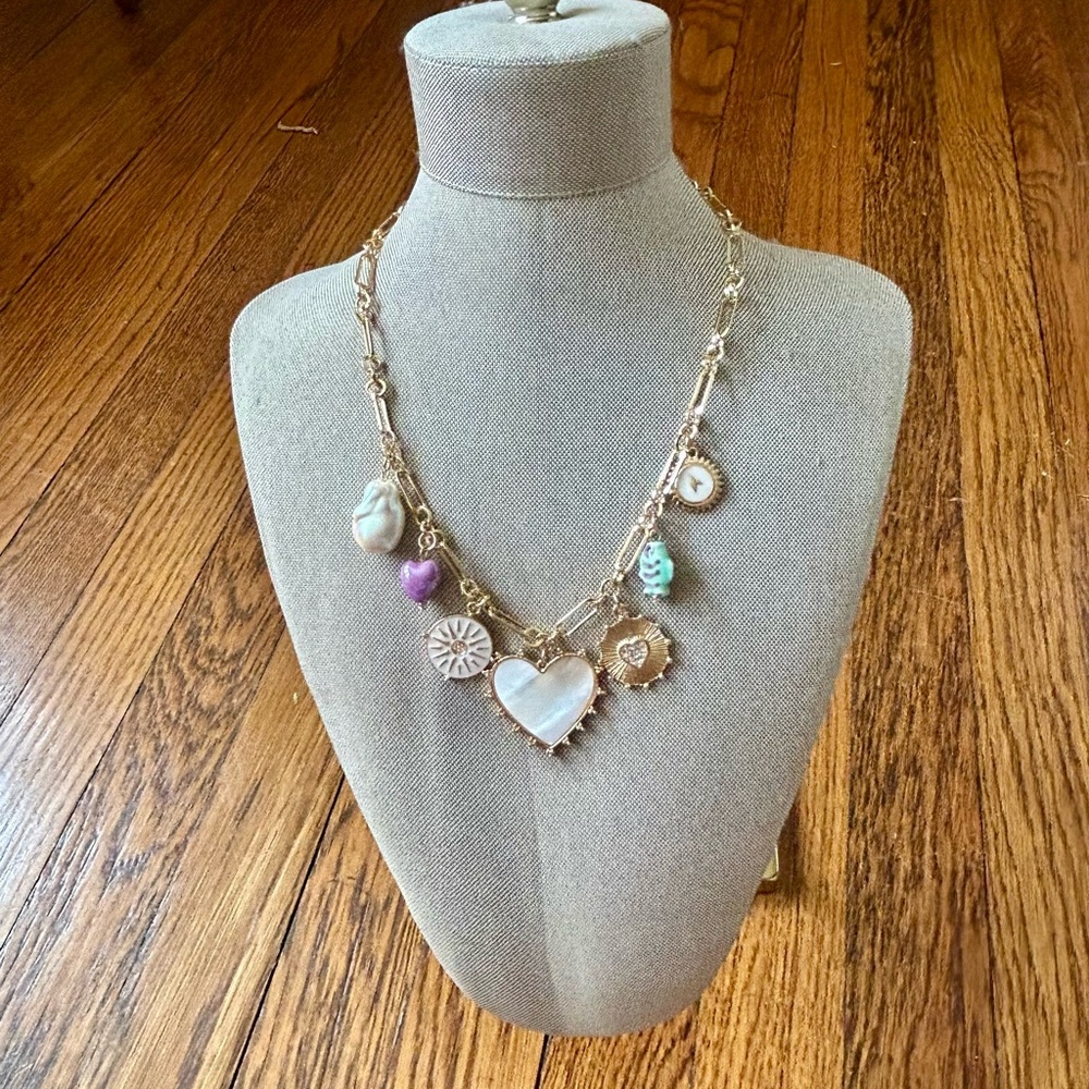 Gold Charm Necklace with Heart Pendant